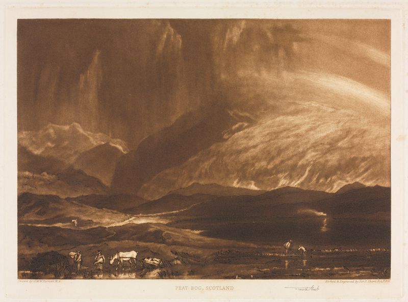 Engraving by Sir Frank Short depicting a peat bog landscape in Scotland