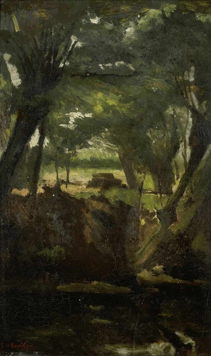 View in the Woods, pintura a óleo de George Hendrik Breitner, mostrando luz filtrando através de uma floresta.