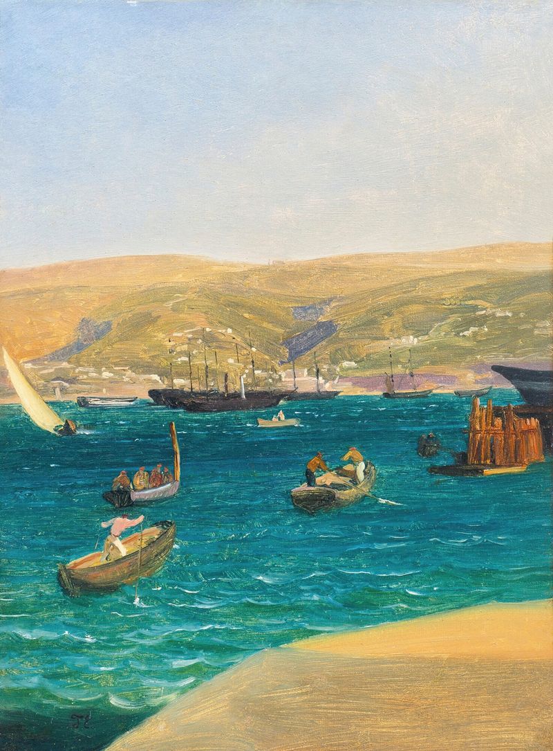 O Porto, Trieste de Thomas Ender, pintura a óleo que retrata um porto movimentado com barcos e nuvens em espiral.