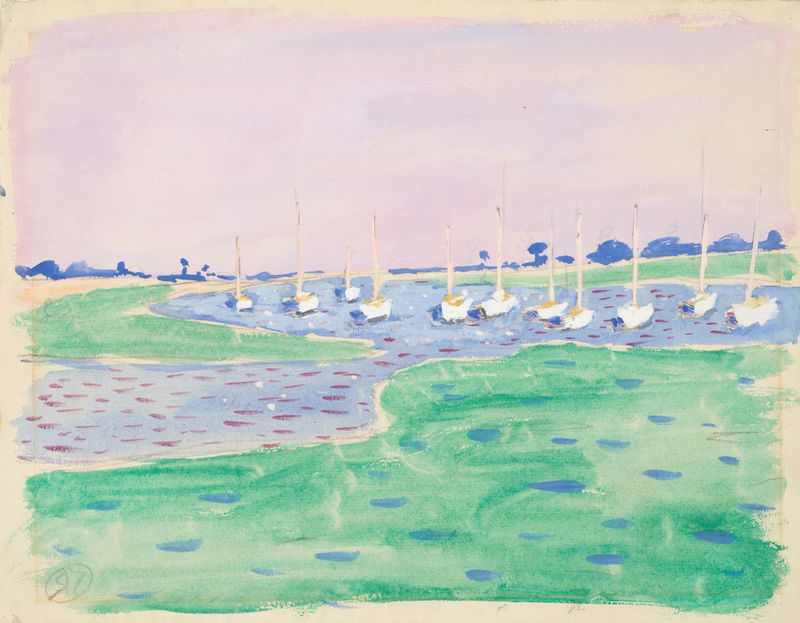 Yachts in Bosham Harbour by Raymond McIntyre, oil on canvas, depicting serene yachts at twilight