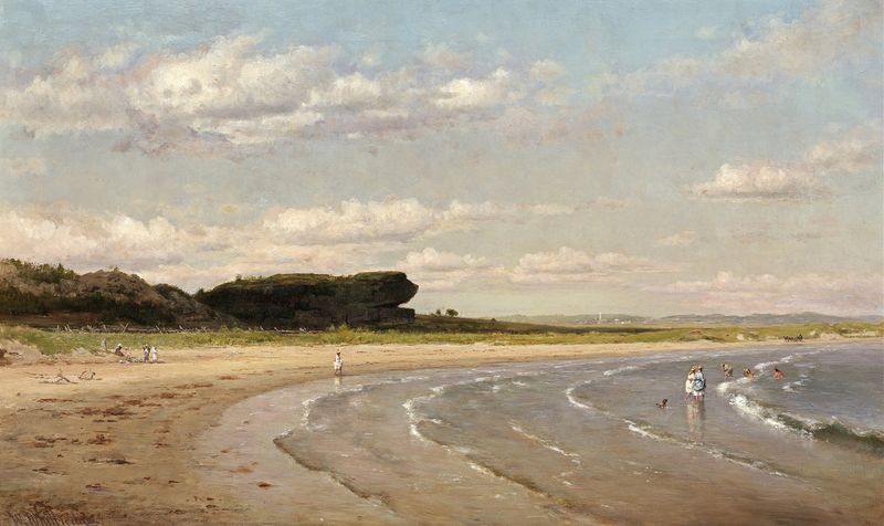 Second Beach, Newport by Worthington Whittredge, oil on canvas depicting waves and rocky shoreline.