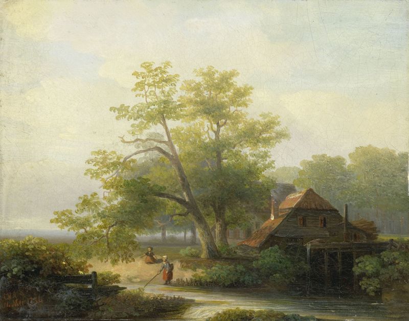 A Watermill in a Woody Landscape, óleo sobre lienzo de Lodewijk Hendrik Arends