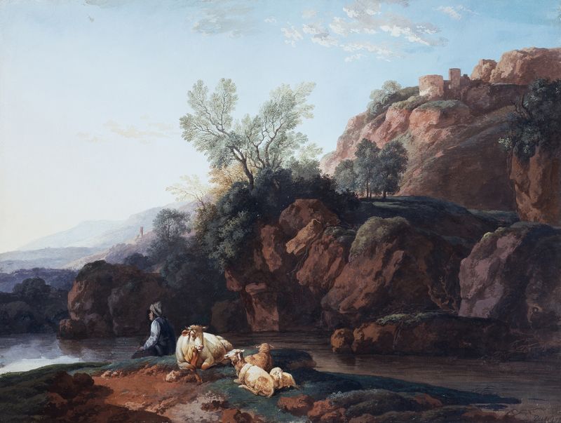 Rugged landscape with cliffs and a river, oil on canvas by Christian Wilhelm Ernst Dietrich