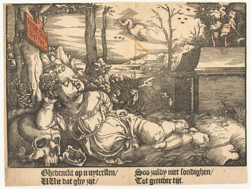 Pintura figurativa a óleo de Unknown Artist mostrando uma criança reclinada ao lado de um crânio