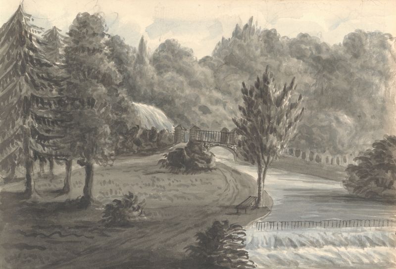 En el Jardín de Eastnor Castle, óleo sobre lienzo de Anne Rushout, con figuras entre flores.
