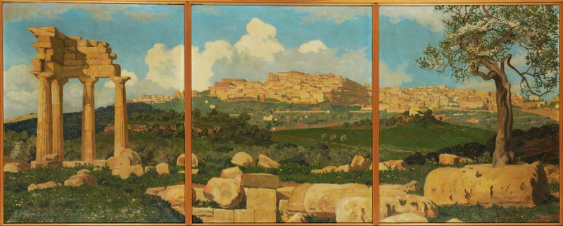 Agrigento Seen from the Temple of Castor and Pollux by Régnault Sarasin, oil painting depicting ancient ruins and sunset.