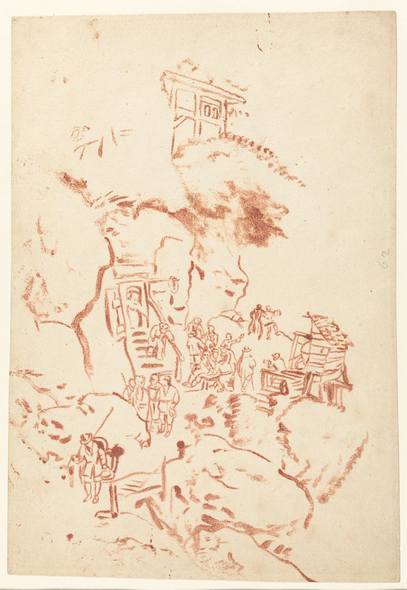 Paisaje con montañas y viviendas de pueblo, papel, Unknown Artist