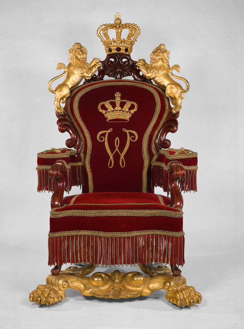 Troonzetel van koning Willem II de Gebroeders Horrix, representando un trono en colores ricos.