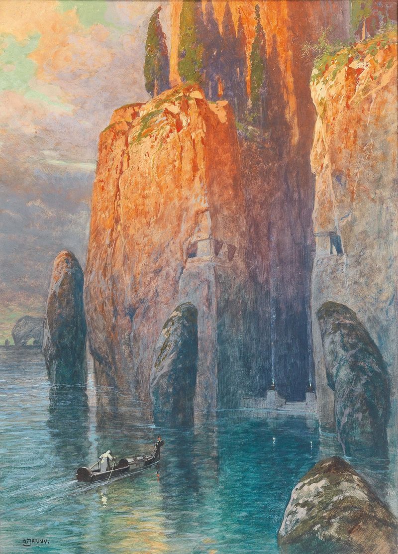 Obra figurativa de Georg Janny, que representa una isla envuelta en niebla.