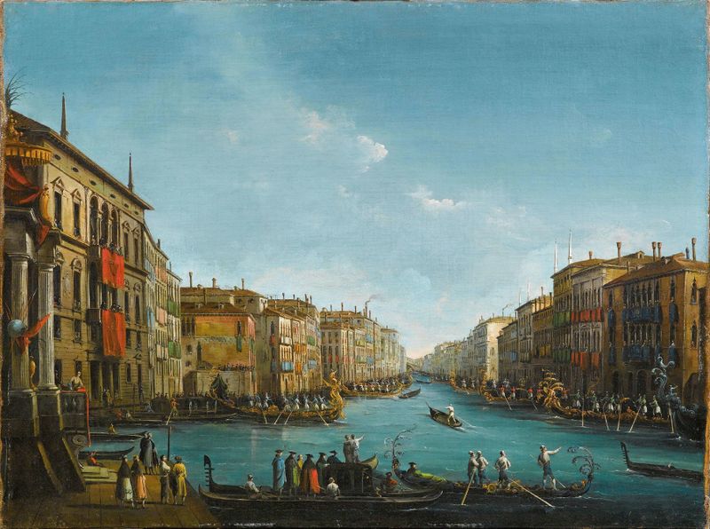 The Regatta on Grand Canal, Venice by Giuseppe Bernardino Bison, oil painting depicting boats on water.
