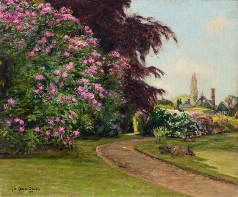 Landscape of a garden with flowers and a figure, oil painting by George Gardner Symons
