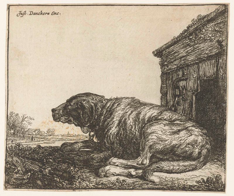 Waakhond de Simon de Vlieger, aguatinta que representa un perro vigilante en tonos tierra.