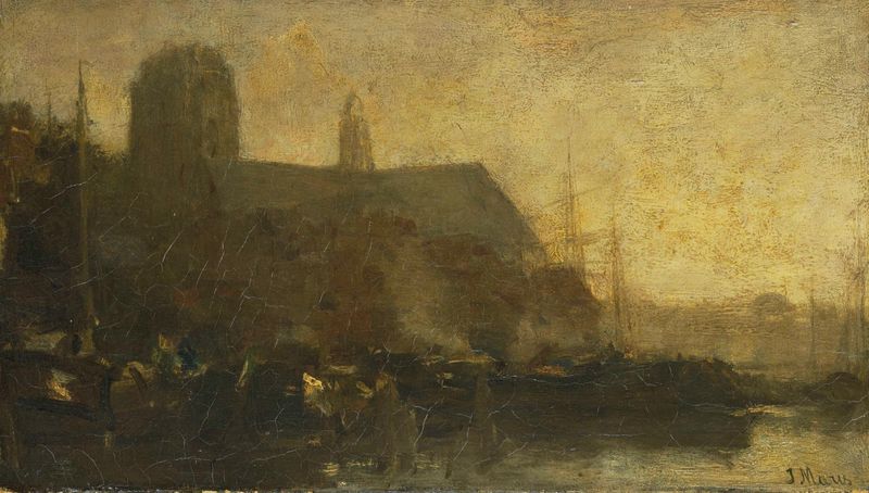 Marine scene with boats in the harbor, oil on canvas by Jacob Maris
