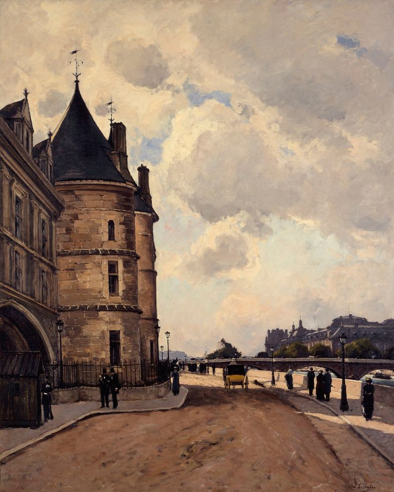 Le quai de l’Horloge by Paul Lecomte, impressionism, depicting a clock tower at twilight