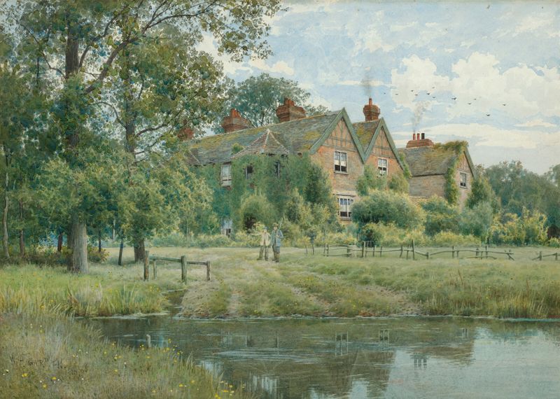 Landscape of old houses near Cambridge by William Fraser Garden, oil painting