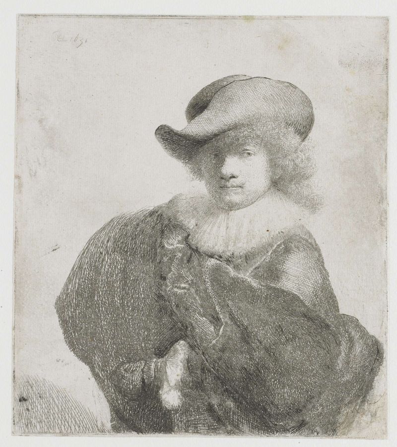 Autorretrato em um Chapéu Macio e Capa Estampada, gravura de Rembrandt van Rijn