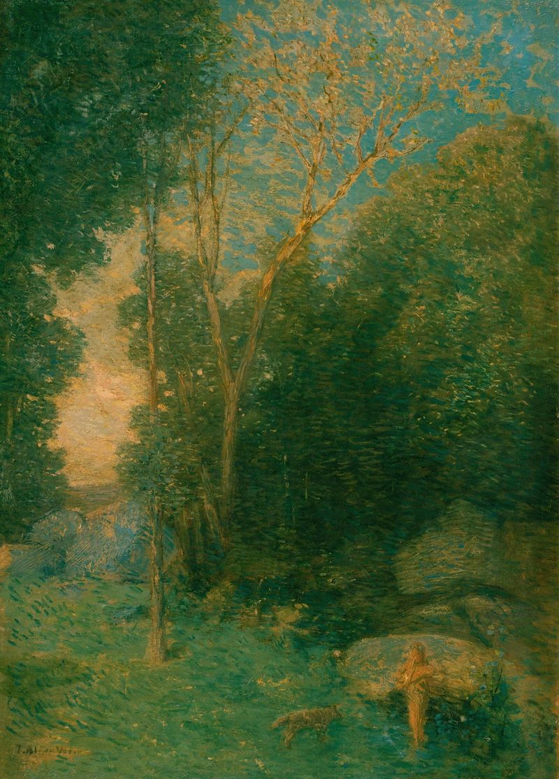 Pan e o Lobo de Julian Alden Weir, óleo sobre tela que retrata uma figura em uma floresta.