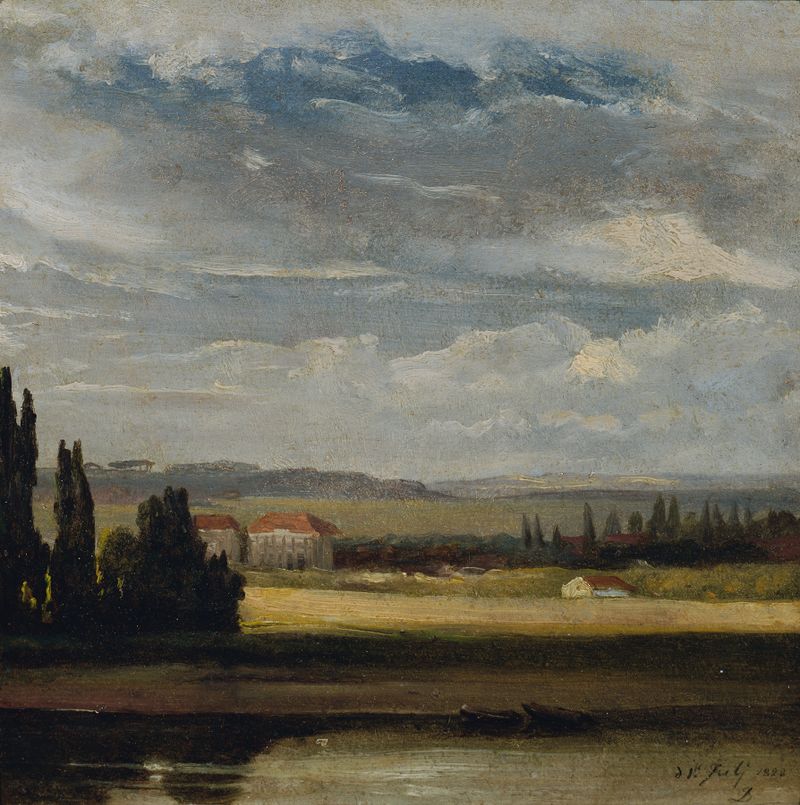 Landschaftsblick mit hohem Wolkenhimmel de Johan Christian Dahl, óleo de un paisaje tranquilo con nubes.