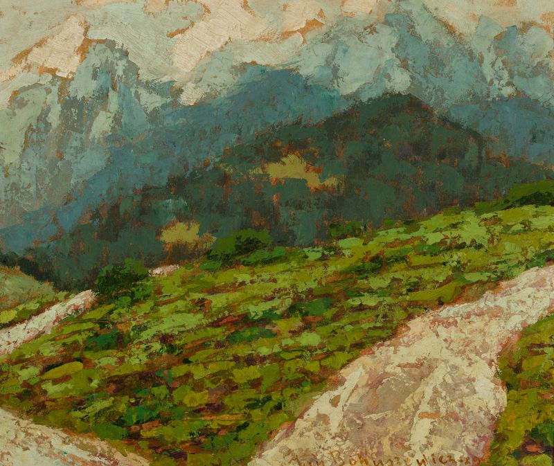 Foggy morning landscape with a solitary figure, oil painting by Jan Bohuszewicz
