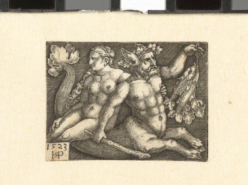 Gravura Triton en Nereïde de Hans Sebald Beham retratando Tritão e uma Nereida em ambiente marinho.