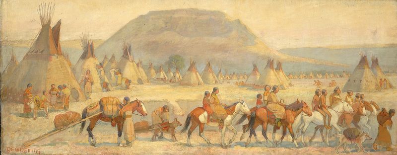 Blackfoot Camp Scene de Edwin Willard Deming, retratando tendas em uma paisagem, meio realismo.