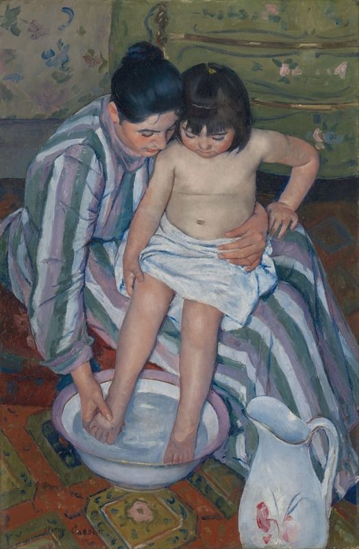 The Child's Bath by Mary Cassatt, oil on canvas, depicts a mother bathing her child.