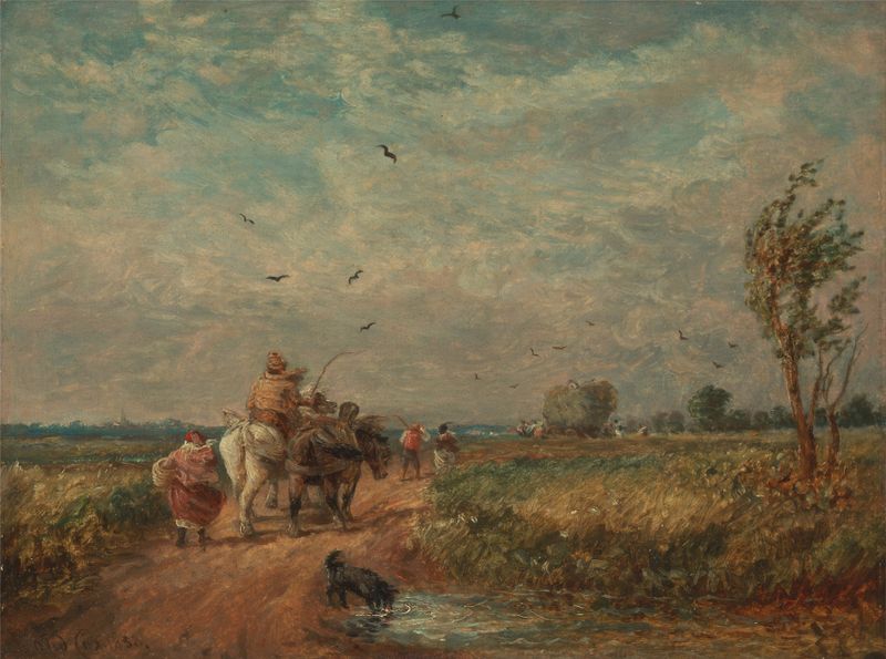 Going to the Hayfield de David Cox, aquarela sobre papel, retratando colinas onduladas e luz do sol.