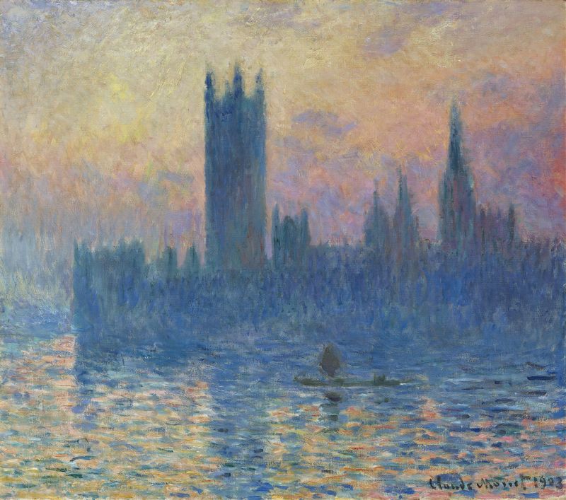 The Houses of Parliament, Sunset by Claude Monet, oil painting of sunset over the river.