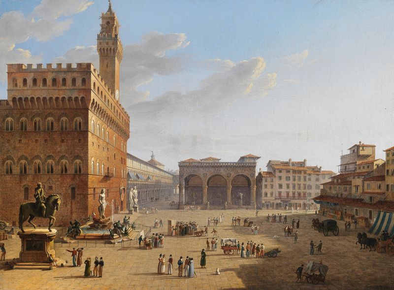 Piazza della Signoria, Florença de Roberto Roberti, pintura a óleo que retrata arquitetura e luz.