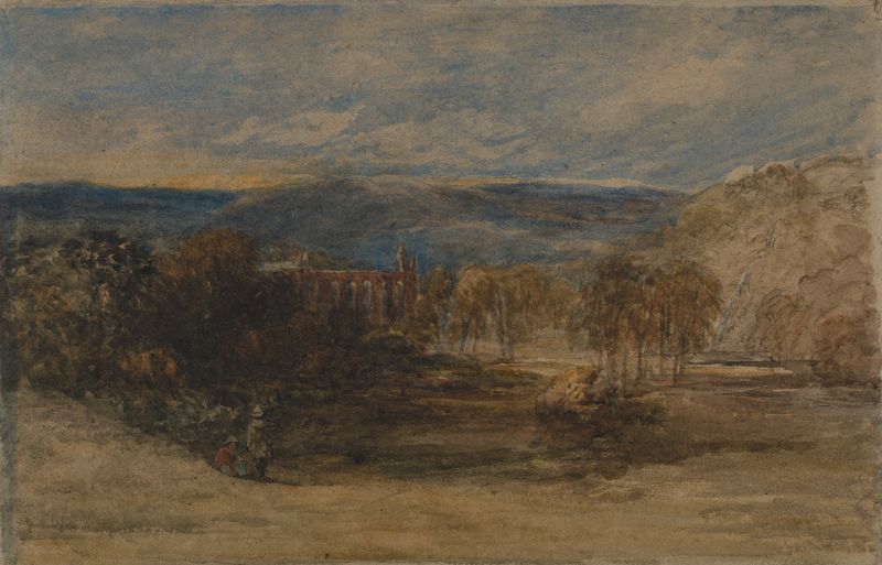 Watercolour by David Cox depicting Bolton Abbey with a river and hills.