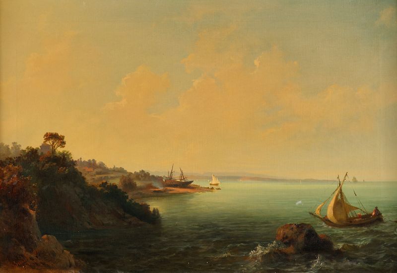 Oil painting by Carlo Brioschi depicting sailboats on the sea with a blue horizon.