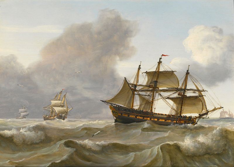 Oil painting by Charles Martin Powell depicting a ship navigating choppy ocean waters.