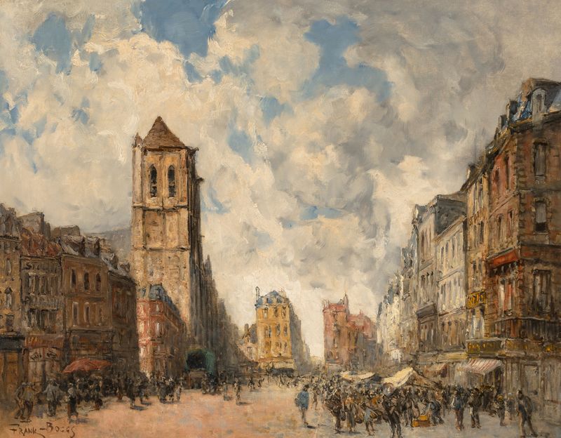 Cena de mercado com figuras e barracas, óleo sobre tela de Frank Myers Boggs