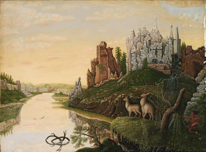 Paisaje con Castillos y Ciervos de M. A. Hall, pintura al óleo que muestra castillos y ciervos en un paisaje sereno.