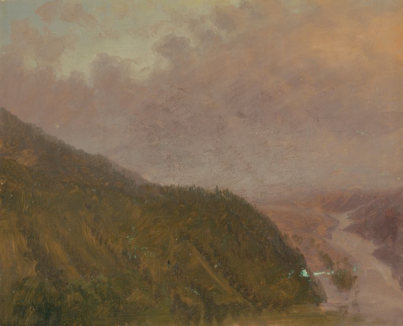 Pintura paisajística al óleo de Frederic Edwin Church que representa un valle con luz solar y vegetación.