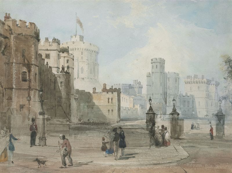 Windsor Castle by William Parrott, oil on canvas, features a grand castle against a muted sky.