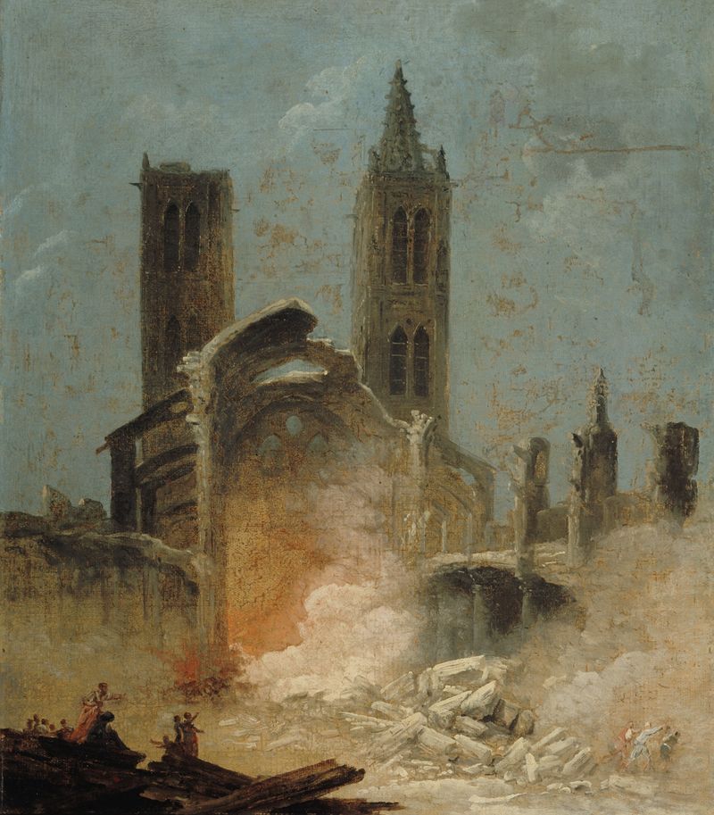 La Démolition de l’église Saint-Jean-en-Grève, en 1800 de Hubert Robert, óleo que muestra ruinas de iglesia.