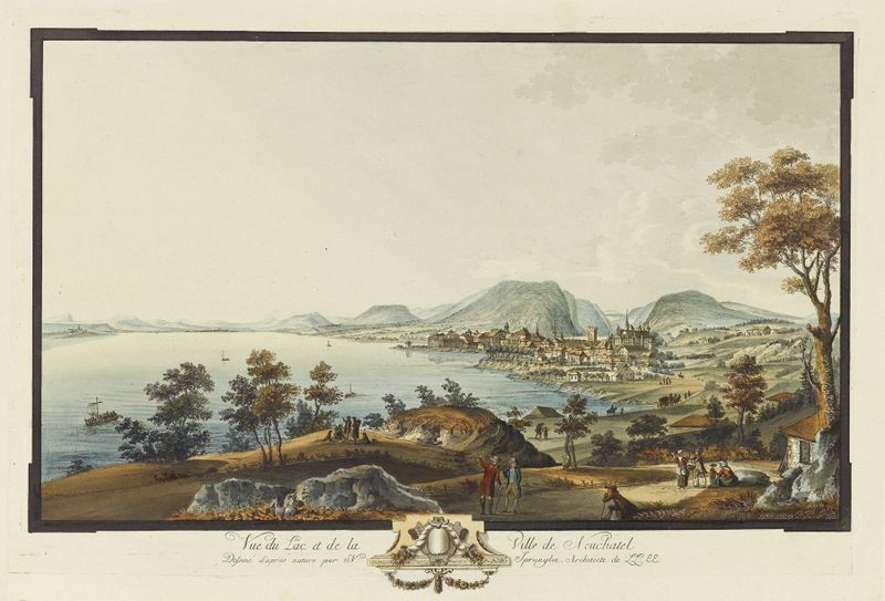 Vue du Lac et de la Ville de Neuchatel de Niklaus Sprüngli, óleo sobre lienzo que representa un paisaje sereno.