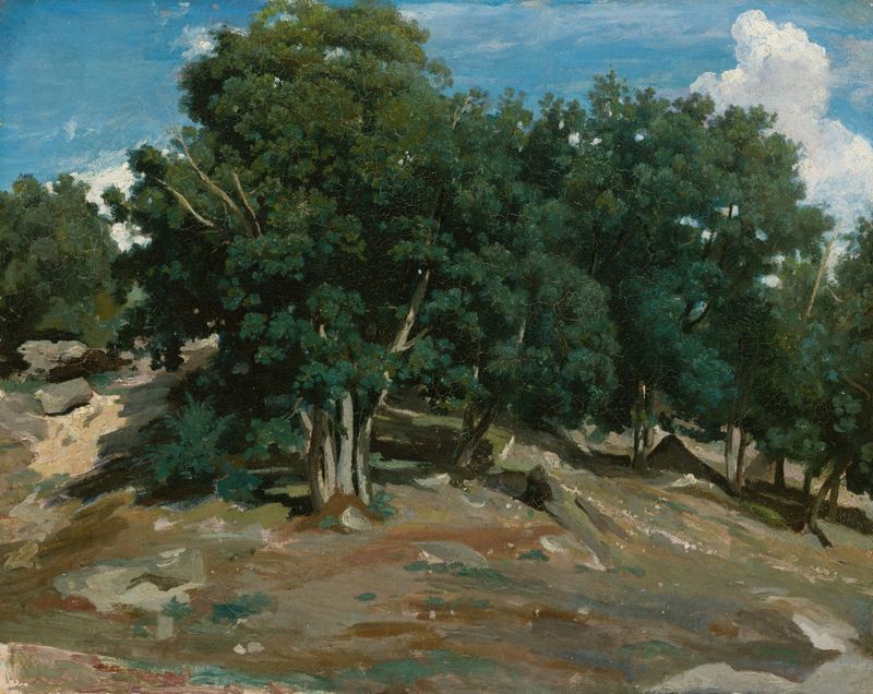 Paisaje con robles y luz de la mañana, pintura al óleo de Jean-Baptiste-Camille Corot