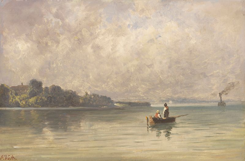 Landscape oil painting by Friedrich Voltz featuring a lake with a fishing boat and distant ship.