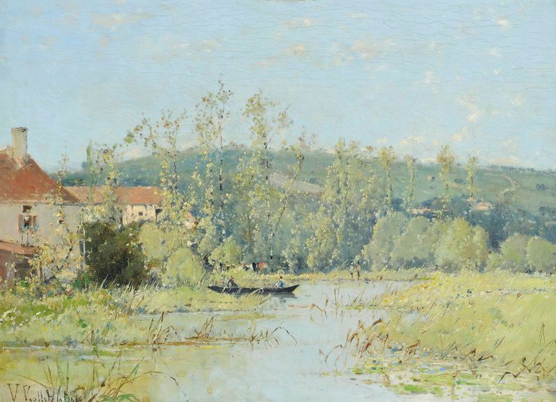 A Punt On The River de Victor Viollet-le-duc, pintura a óleo que retrata um rio tranquilo e vegetação exuberante.
