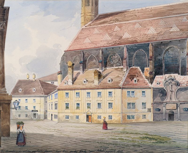 Die Minoritenkirche in Wien de Friedrich Leibold, óleo sobre tela que retrata uma igreja com torres e luz dramática.