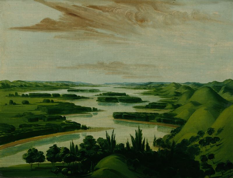 Vista de paisagem com azuis e verdes em espiral, pintura a óleo de George Catlin