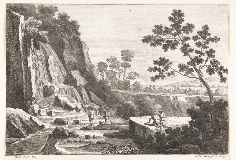 Landschap met waterval en vissers en andere figuren, etching by Giuliano Giampiccoli