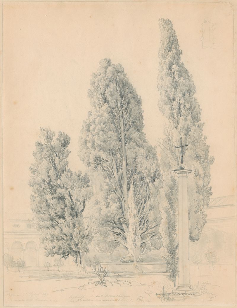 Cipreses en el Convento della Comandule en Roma de Pierre Louis Dubourcq, pintura al óleo