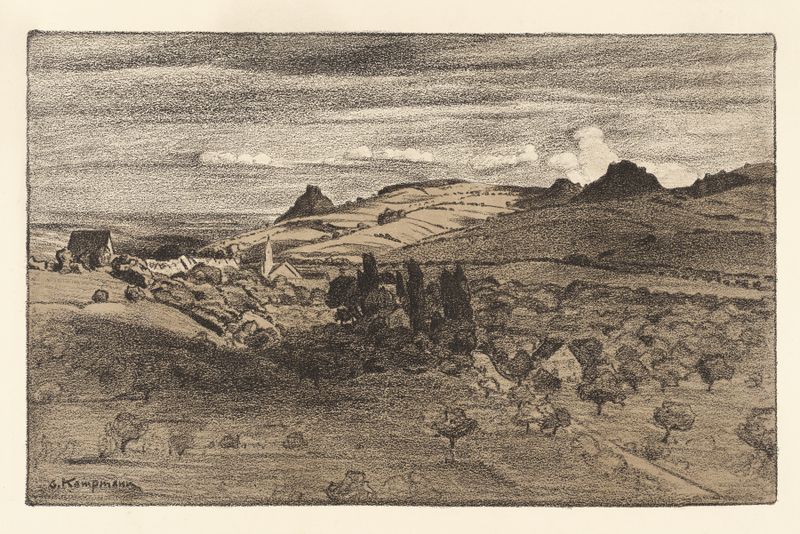 Oil painting by Gustav Kampmann depicting hills and sky in spring