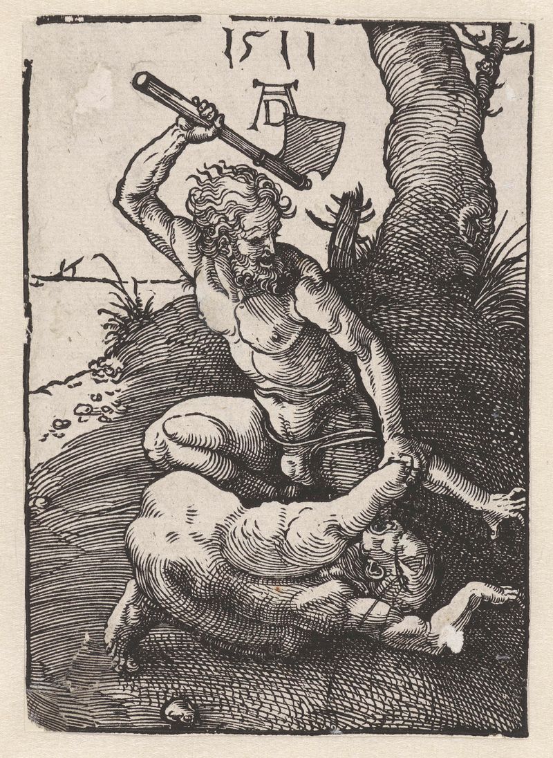 Kaïn doodt Abel de Albrecht Dürer, medio papel, representa a Caín y Abel en un momento de tensión.