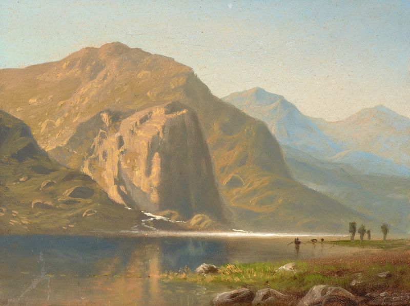 Pintura al óleo de Yosemite por Albert Bierstadt con montañas y nubes