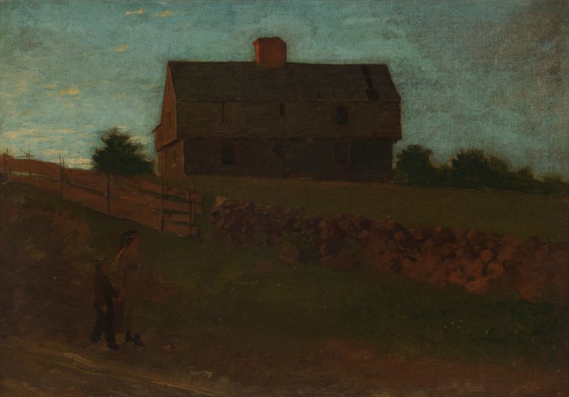 Garrison House, York, Maine de Winslow Homer, óleo de una estructura desgastada en un paisaje sereno.