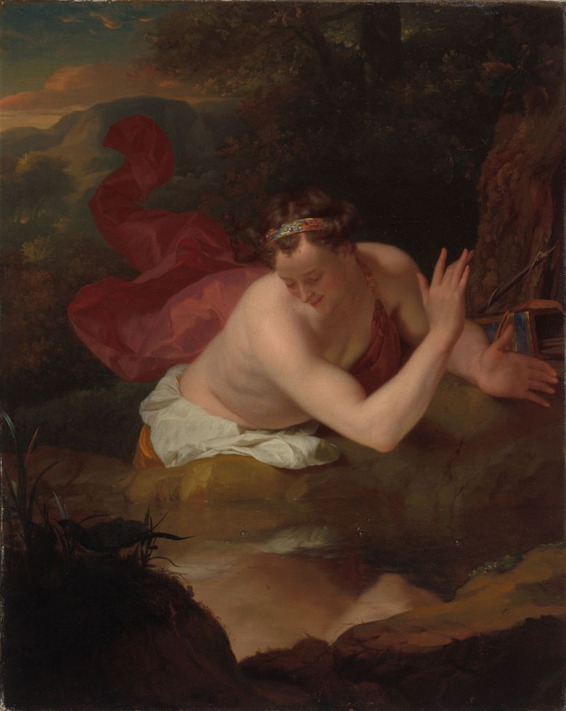 Narcissus by Godfried Schalcken, oil on canvas, depicting a figure gazing at his reflection in water.